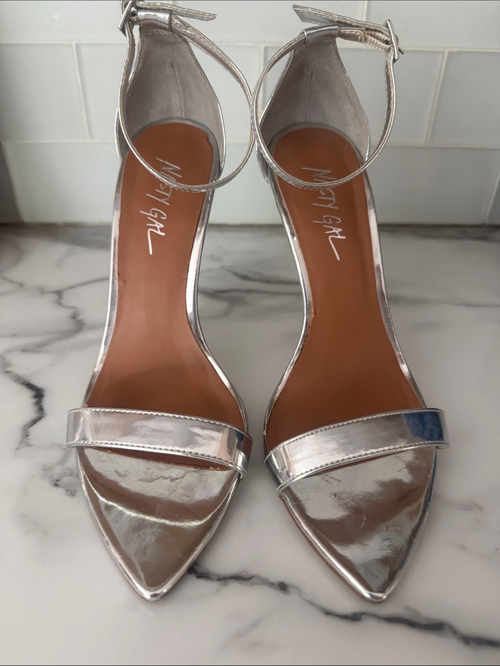 Nasty Gal Silver Metallic Pointed-Toe Ankle-Strap Heels